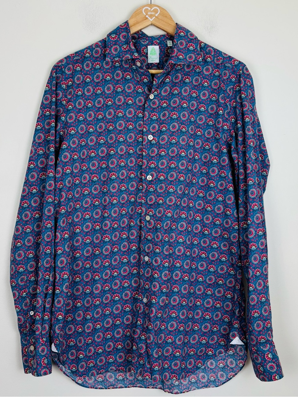 Finamore blue floral button front shirt made in Italy. Size M